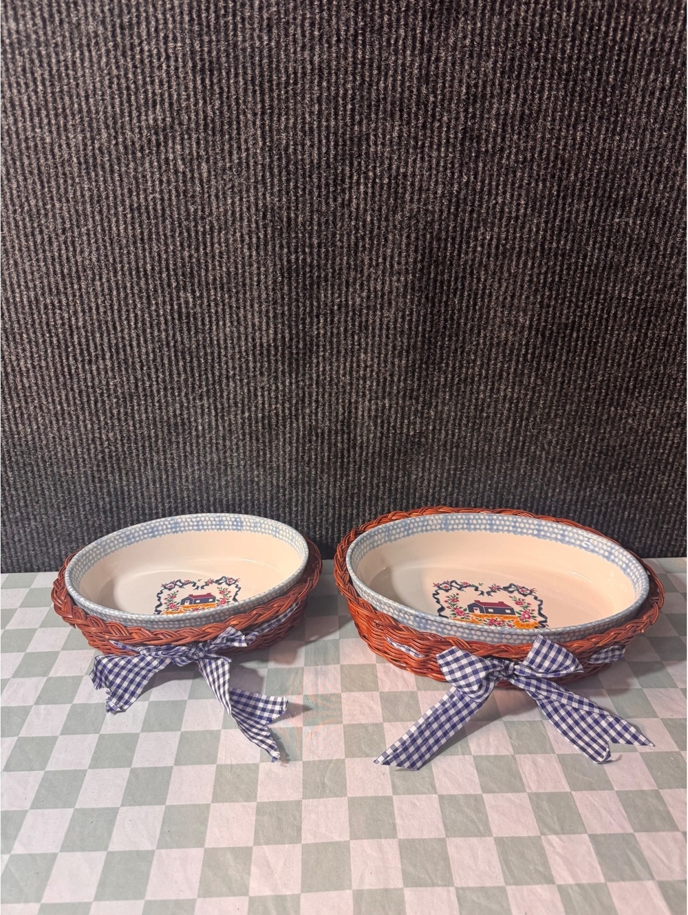 Teamson 1995 Oval Serving Bowls with Wicker Holders and Blue Gingham